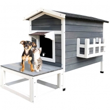 Hondenhuis hout | Met veranda | 105 x 58 x 74 cm | Wit/Grijs